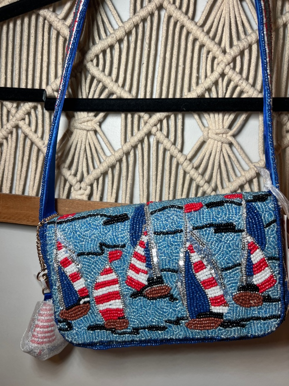 Blue Beaded Sequin Sailboat Shoulder Bag